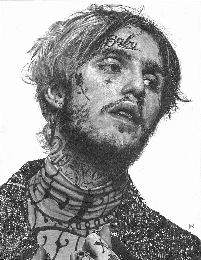 A black and white drawing of a man with a tattoo on his face