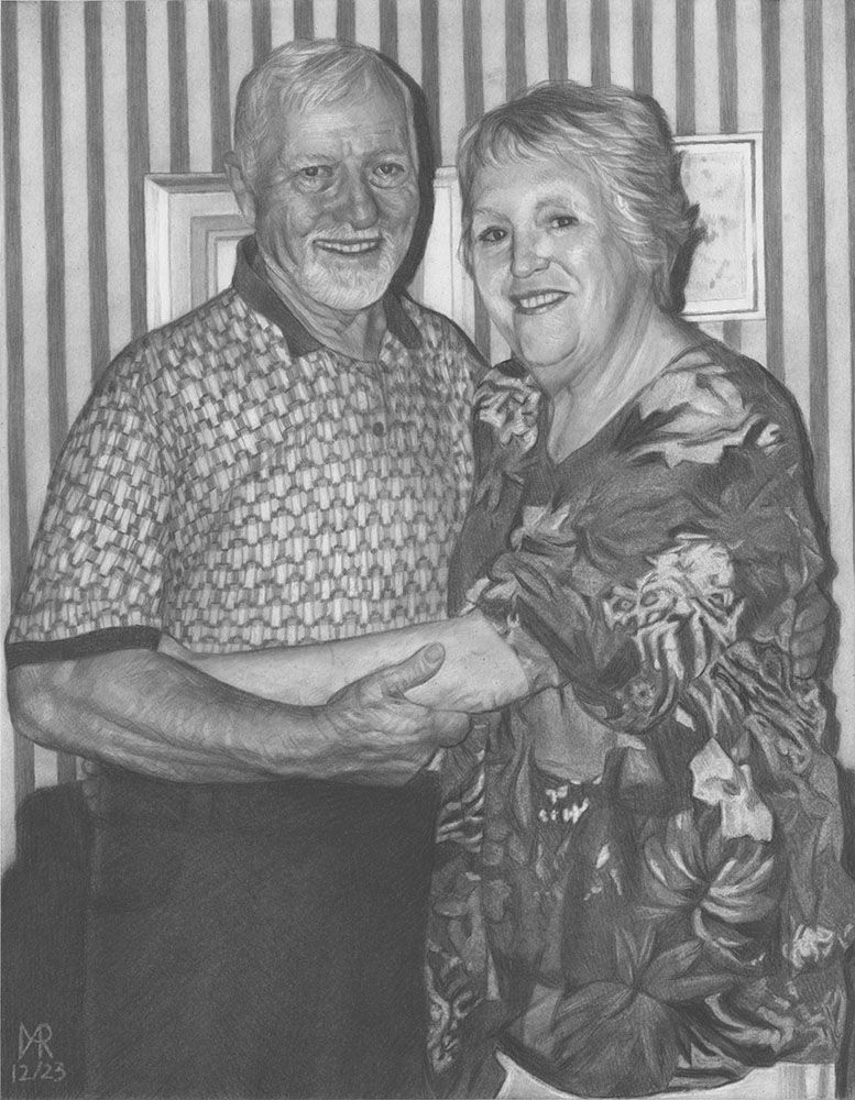 A black and white drawing of a man and woman holding hands