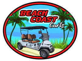 Logo: White golf cart on beach with palm trees, blue water, and the words
