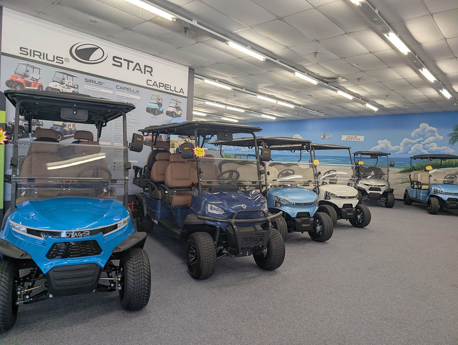 Golf carts for sale inside a showroom