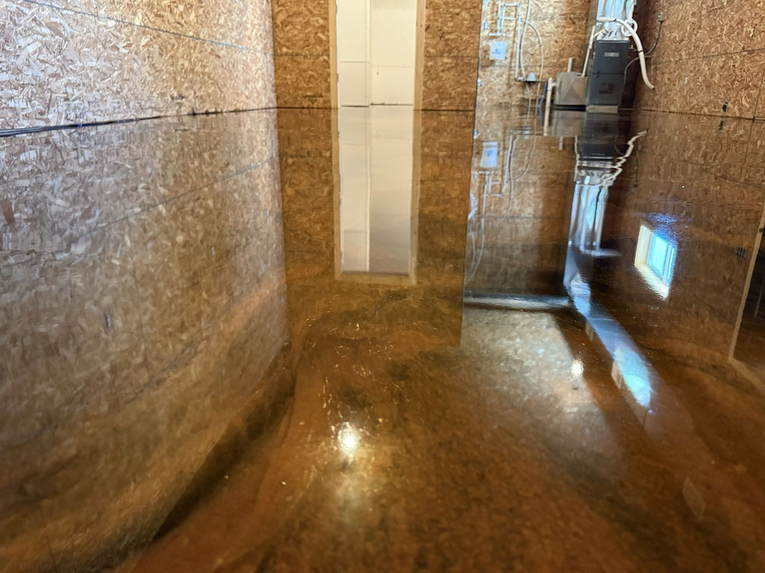 Glossy stone-tiled shower room with a reflective wet floor and glass partitions.