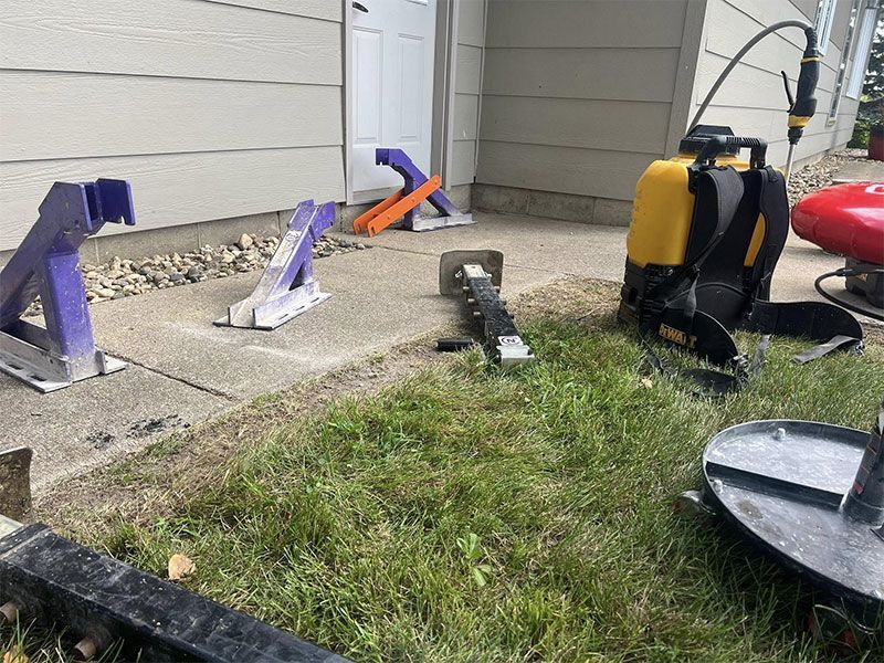 Scattered lawn aerator attachments and yard tools on grass beside a house wall.