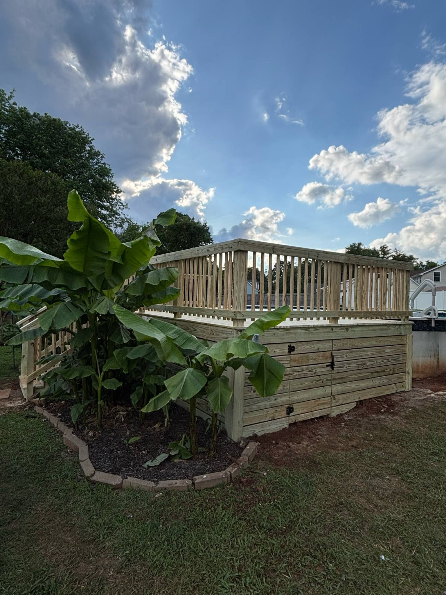 A wooden deck is surrounded by plants and trees in a backyard.