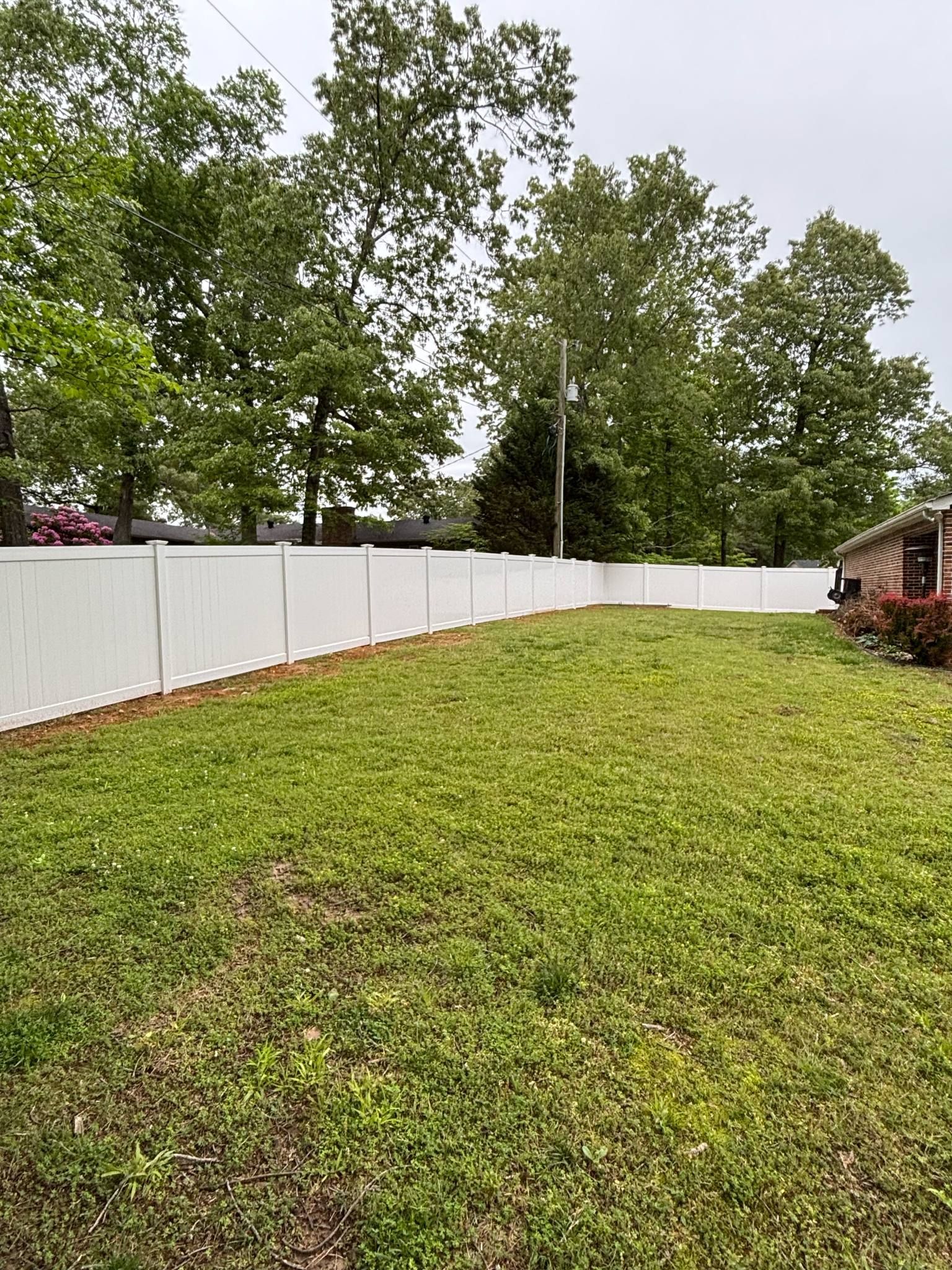 A white fence surrounds a lush green yard.