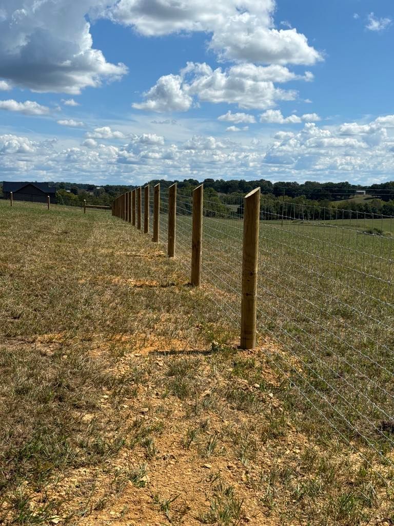 A row of wooden posts sitting in the middle of a field.