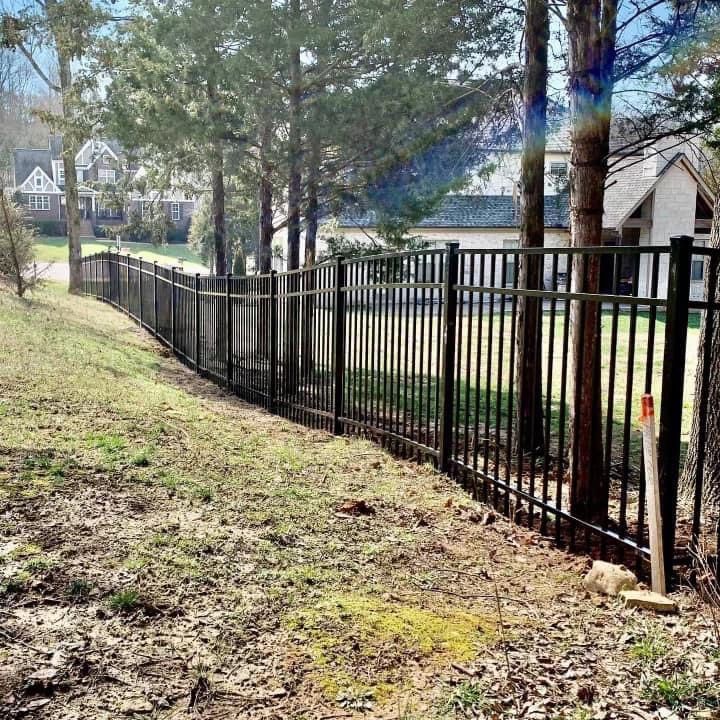 A black metal fence is surrounded by trees in a yard.