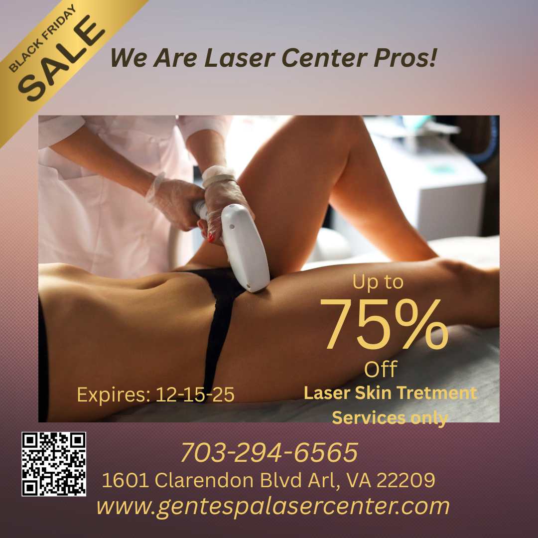 Black Friday sale ad for laser skin treatments. Shows a person's torso and laser device. Up to 75% off. Expires 12-09-25.