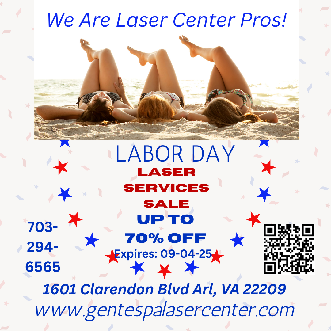 Labor Day laser service sale. Three women relaxing. Up to 70% off. Expires 09-04-25. Located in Arlington, VA.