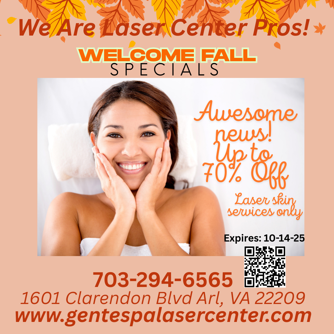 Advertisement for Gente Spa Laser Center: smiling woman, up to 70% off laser skin services, phone number, address.
