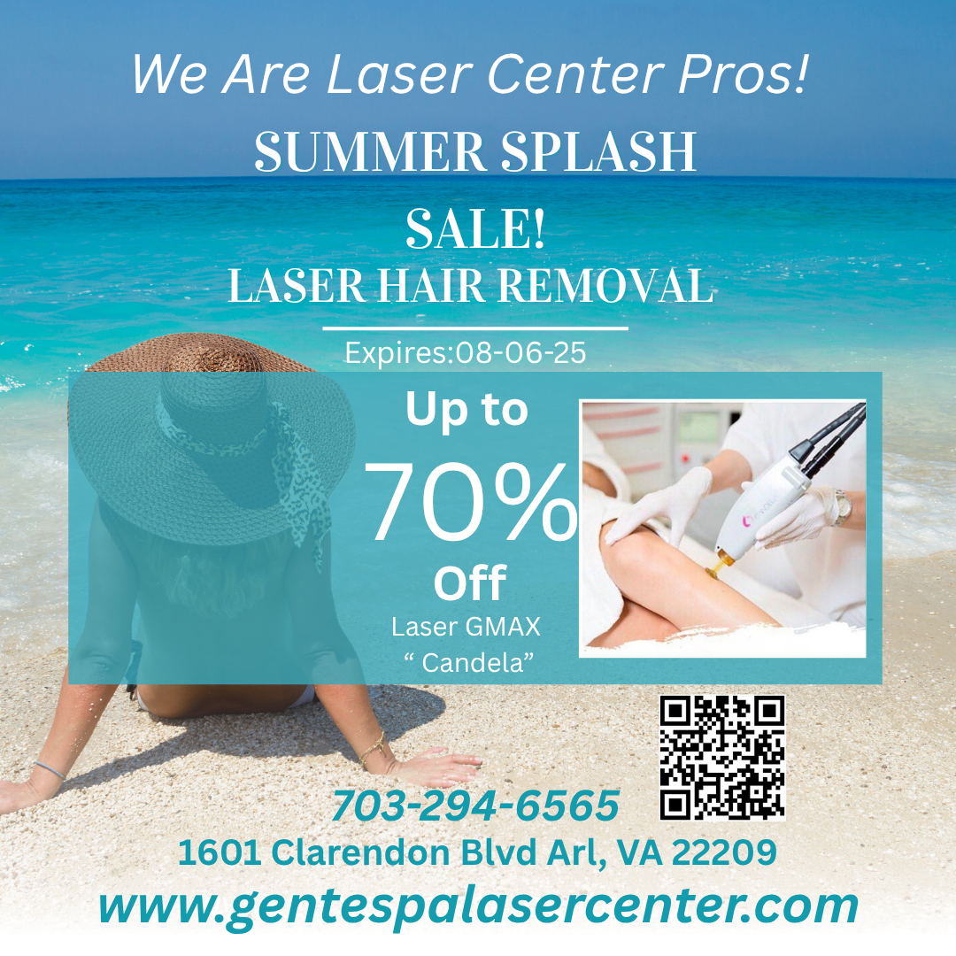 An advertisement for laser hair removal shows a woman on the beach