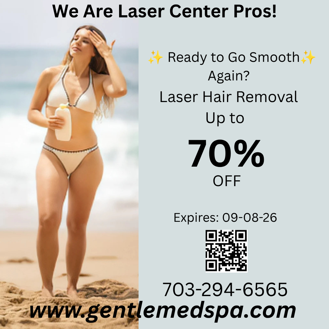 Laser hair removal ad with woman on beach, mid-summer sale, up to 70% off, phone number and website.
