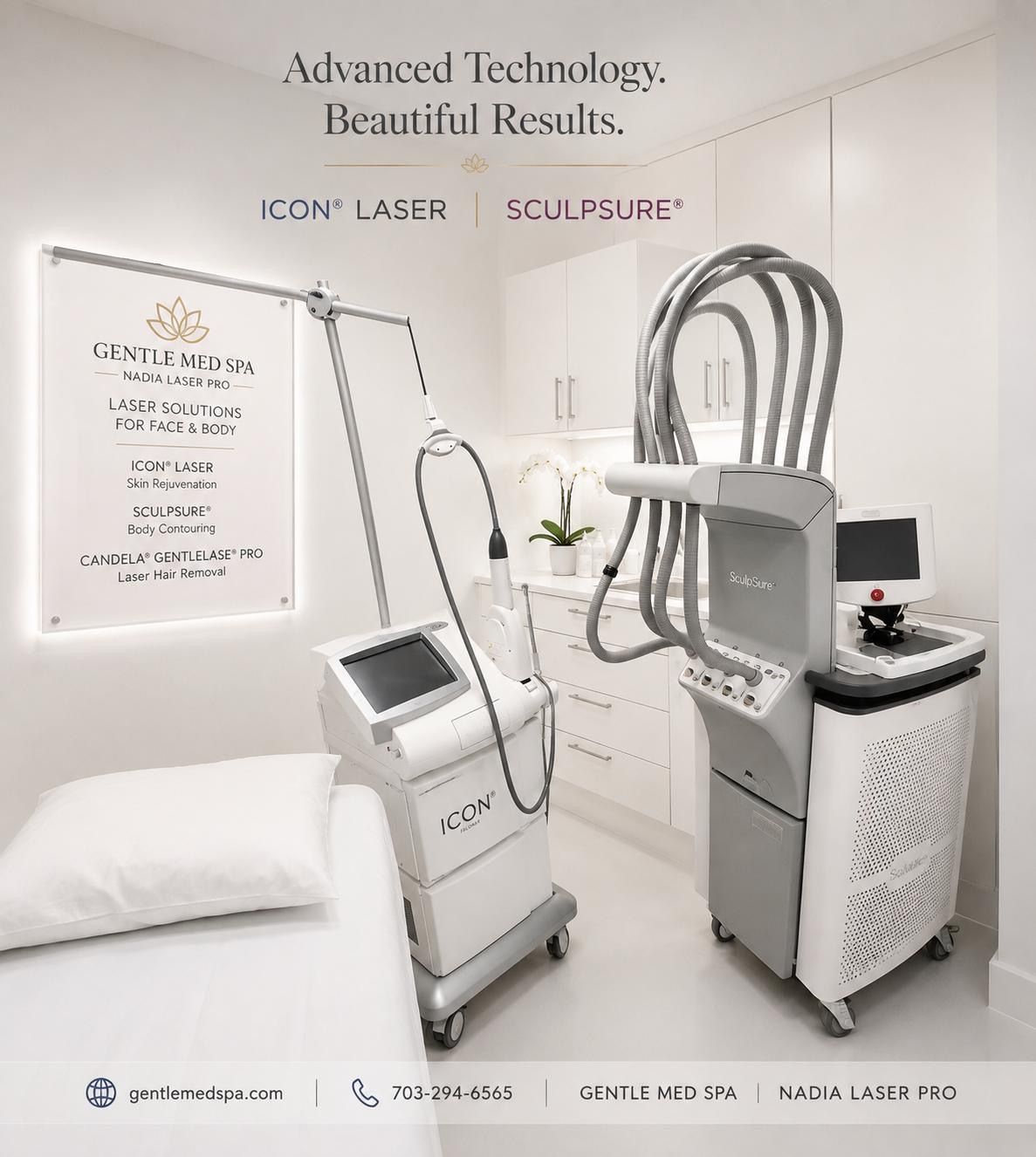 Modern aesthetic clinic room with laser and sculpting devices, treatment bed, and wall signage about advanced technology.