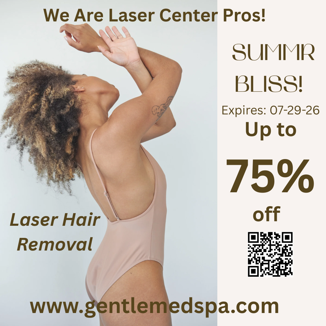 Laser hair removal ad with woman, “Summer Bliss,” up to 75% off, gentlemedspa.com.