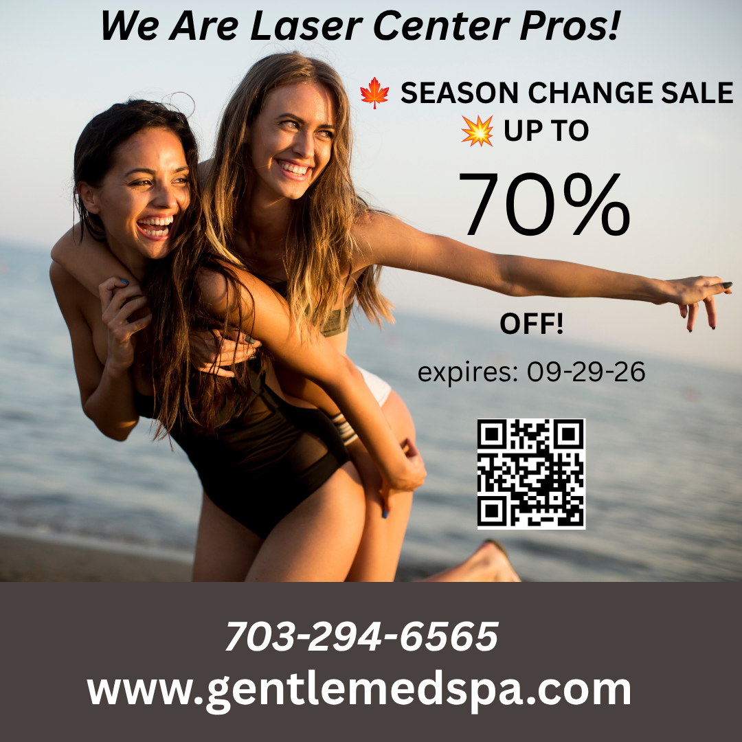 Laser center promo with two women at the beach, 70% off season sale, QR code, phone number, and website.