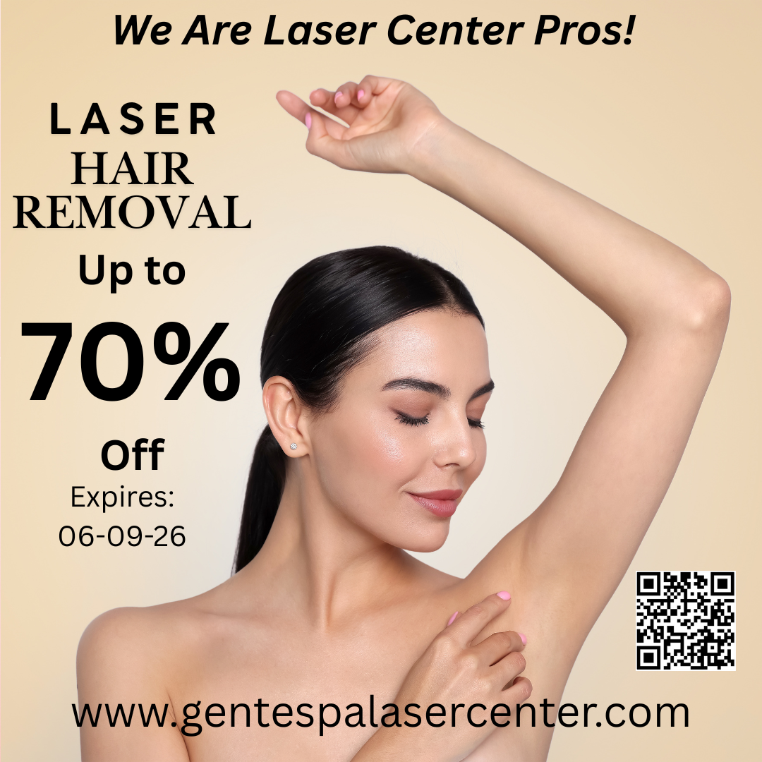 Ad for Laser Center Pros: A woman sitting with a 70% off discount offer, expiring 04-30-26, and a website link.