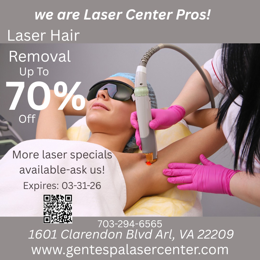 Laser hair removal advertisement: Woman receiving treatment on her arm, offering up to 70% off.