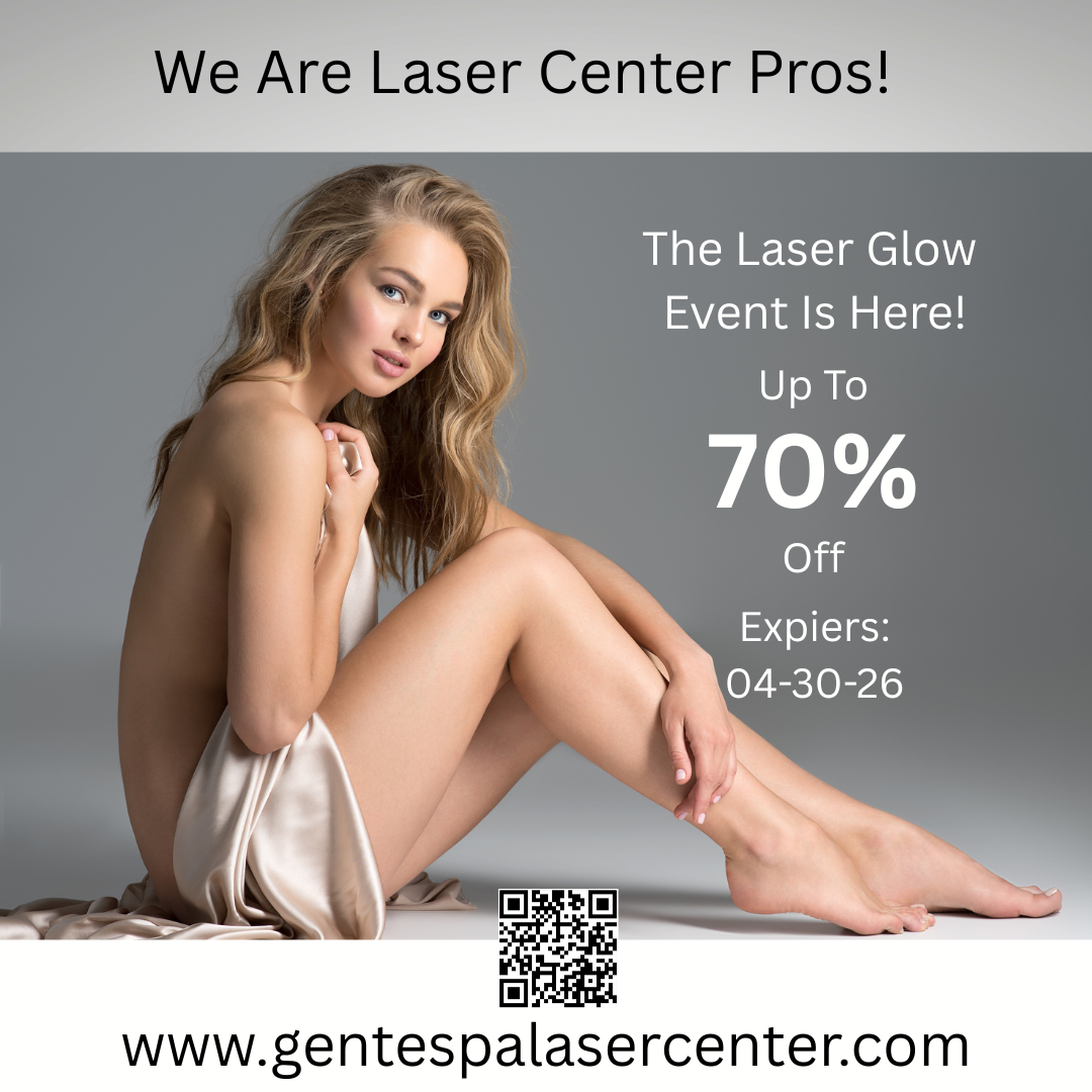 Ad for Laser Center Pros: A woman sitting with a 70% off discount offer, expiring 04-30-26, and a website link.