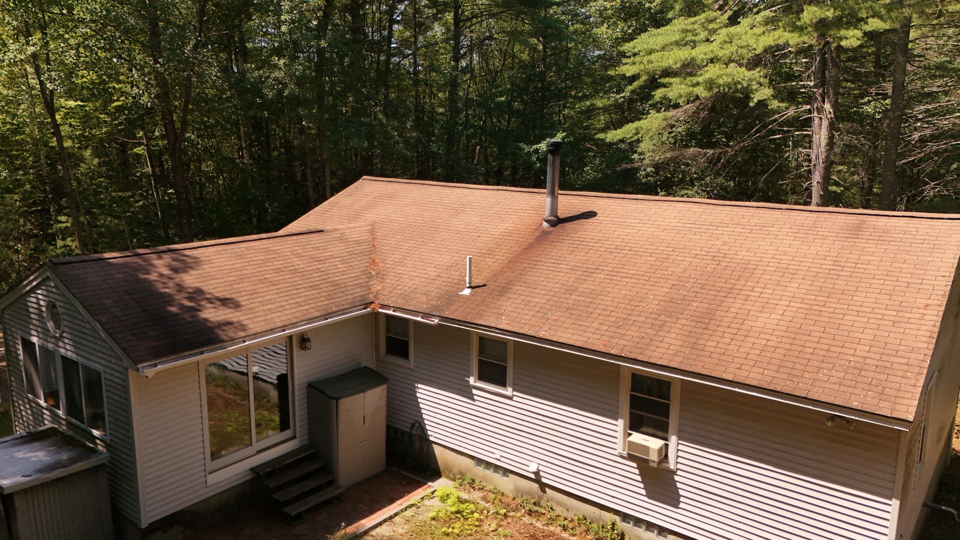 Tan roof of a house surrounded by green trees, with white siding and large windows.