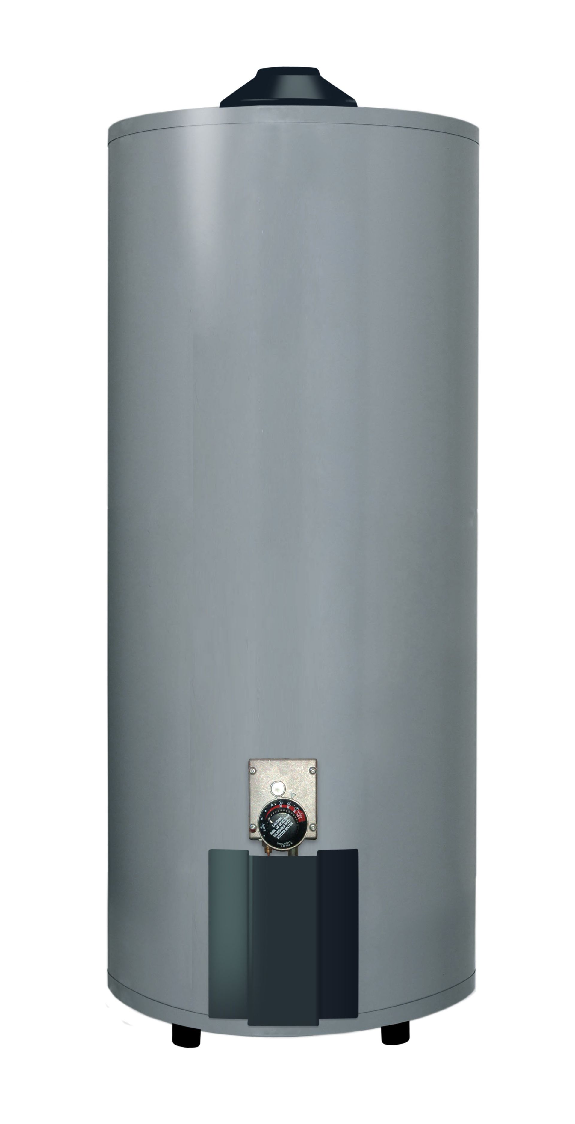 A tall, grey cylindrical residential water heater standing upright on a white background.
