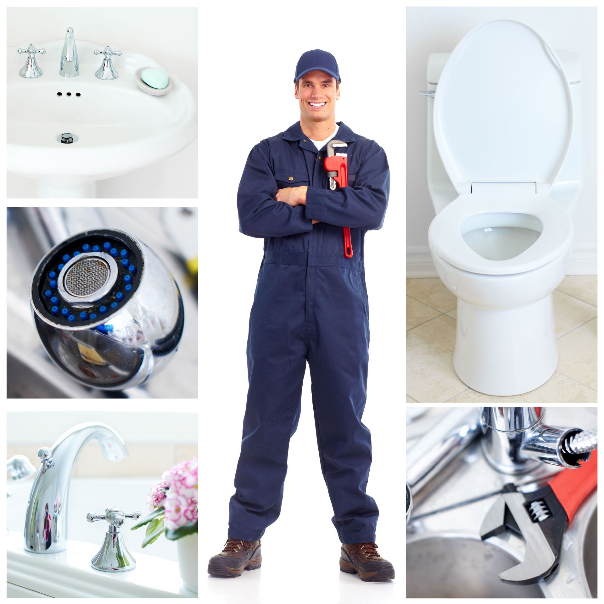 A plumber stands with a wrench in a collage surrounded by a sink, faucet, toilet, and plumbing tools.