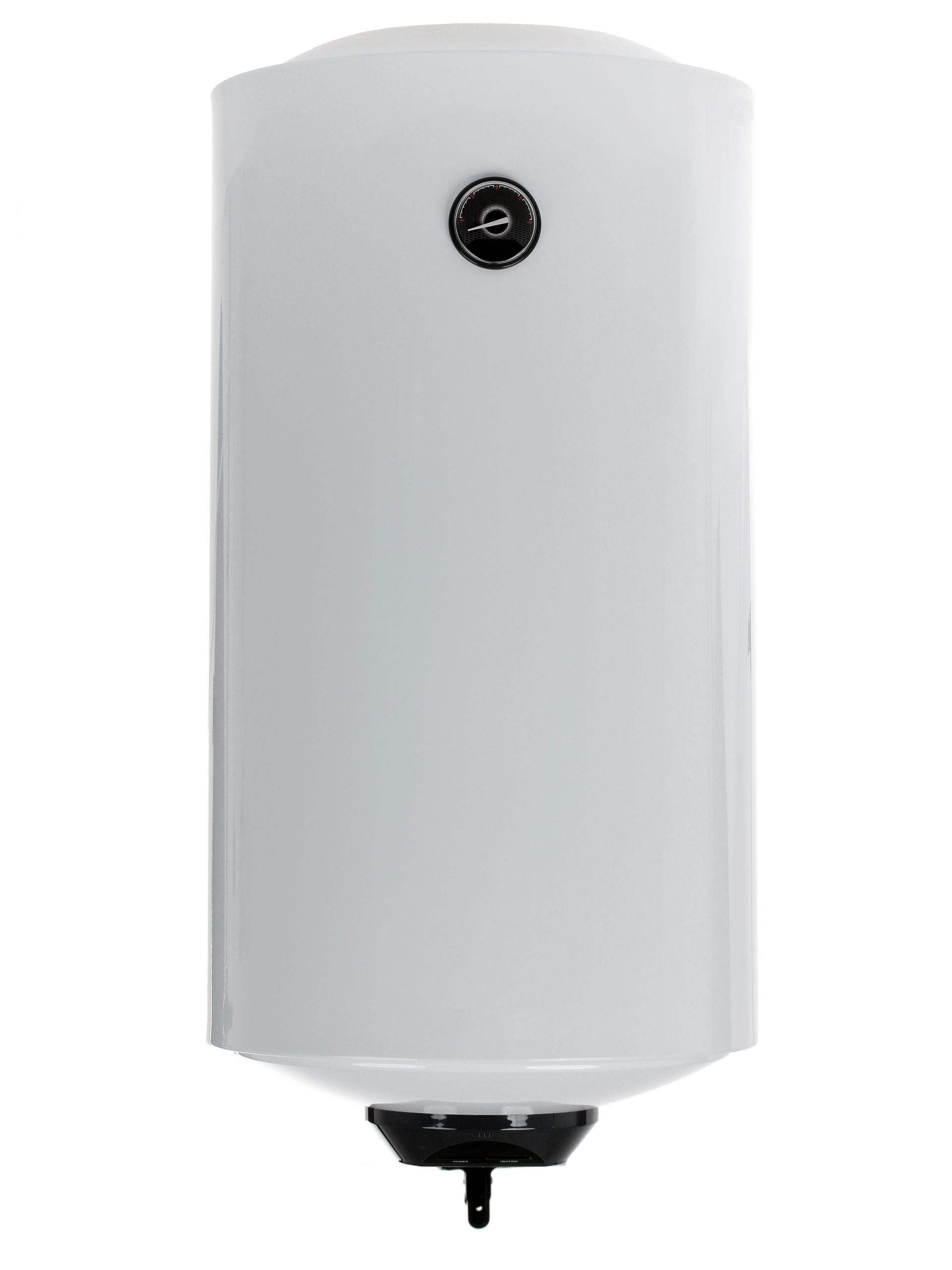 A vertical, white, cylindrical electric water heater with a black brand logo and a black control panel at the bottom.