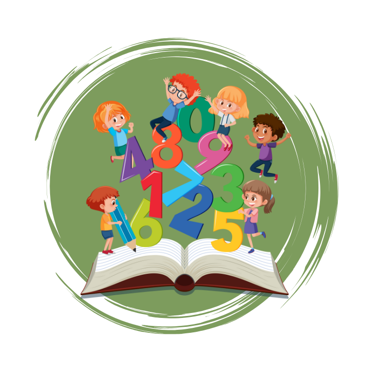 Children playing with colorful numbers, on top of an open book, within a green circle.