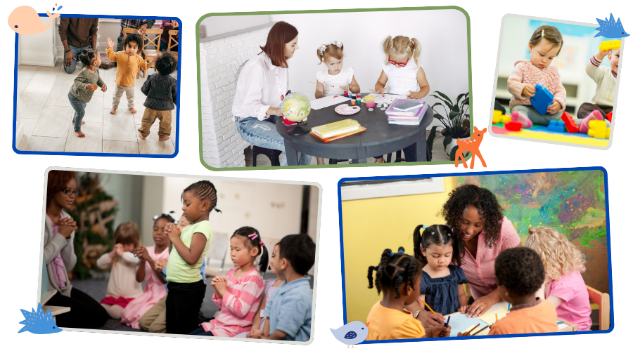 Children at daycare engage in various activities with teachers: dancing, art, and playing.