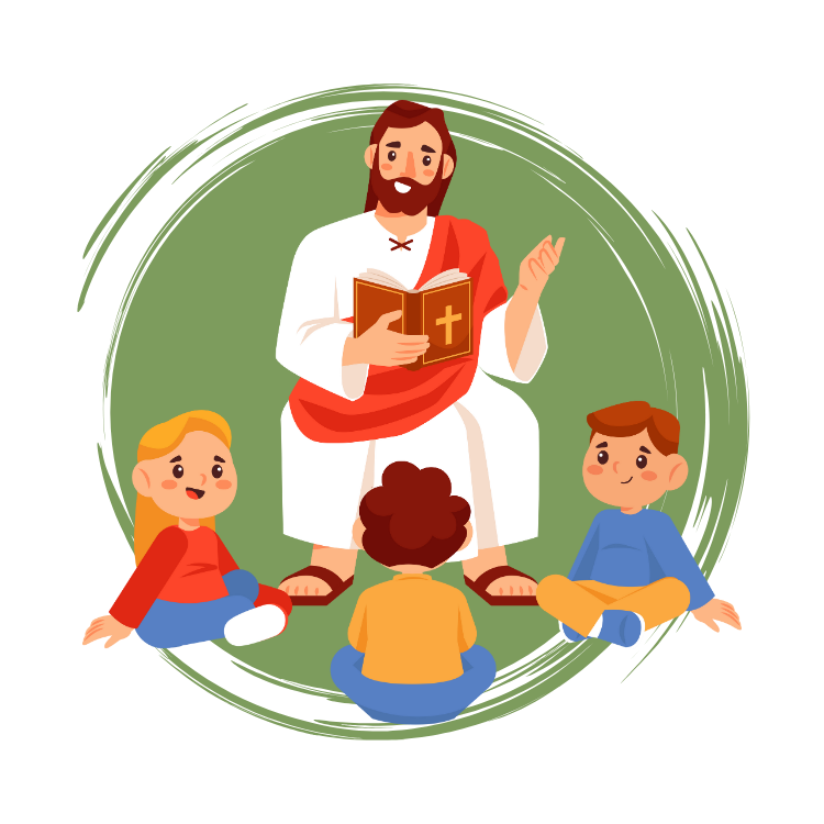 Jesus teaching children, holding a book with a cross, in front of a green circle.