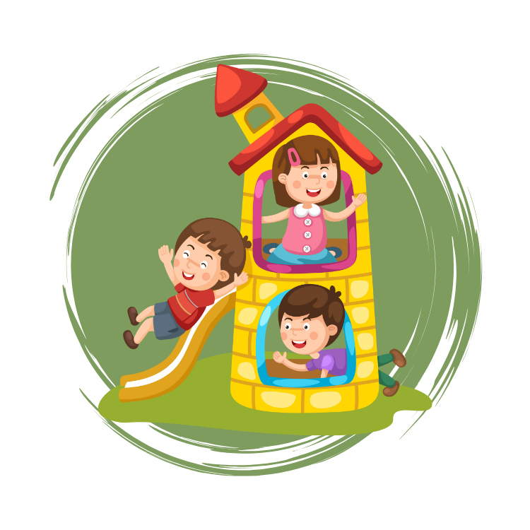 Children playing on a colorful playground structure with a slide and windows; one child is sliding.