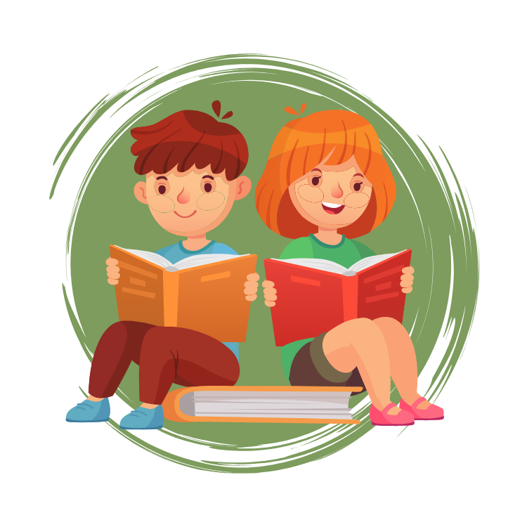 Two children, boy and girl, reading books, smiling, inside green circle.