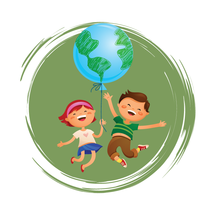 Two children happily holding a globe-shaped balloon. Green scribble circle background.