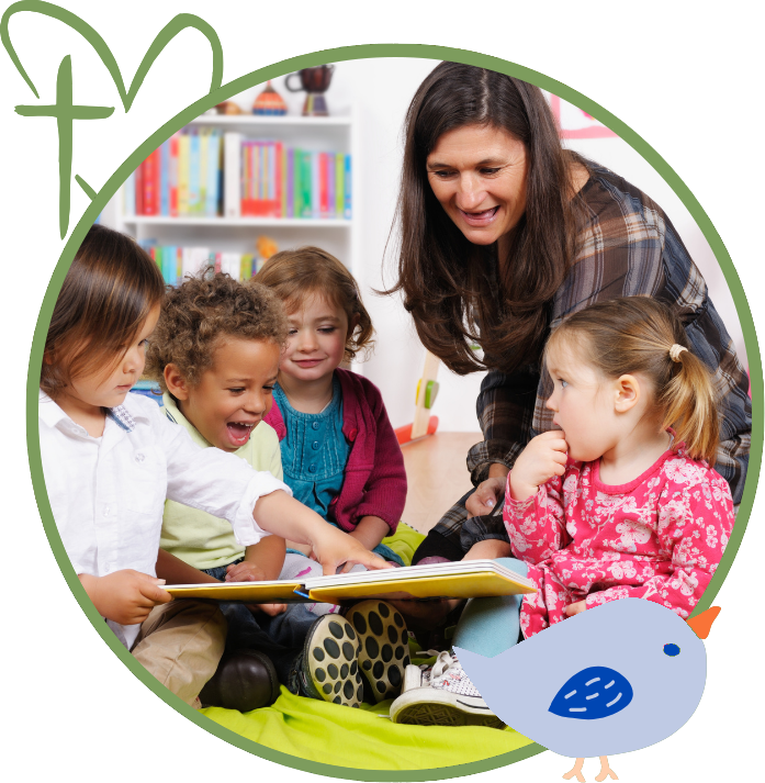 Children and an adult reading a book together in a classroom.