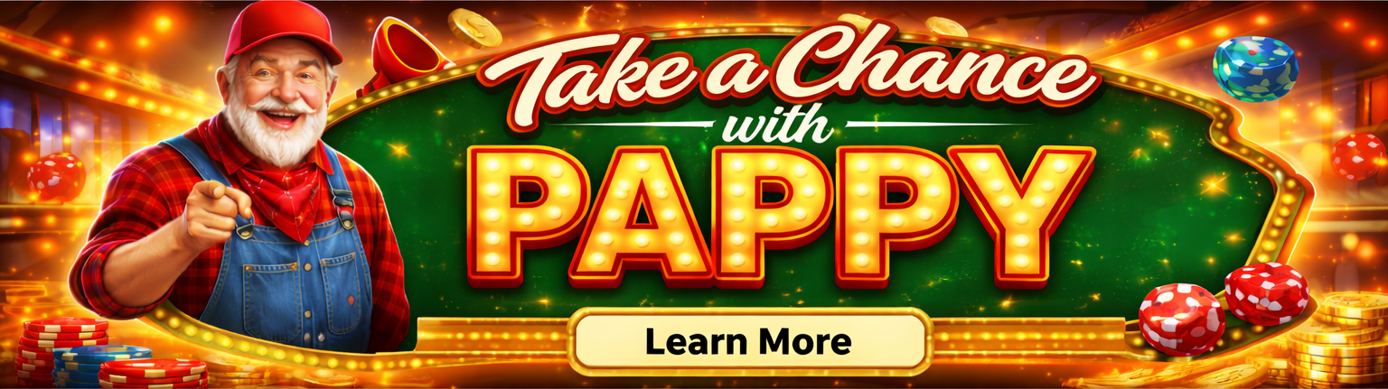 An older man in overalls and a red hat points at the viewer, with text that reads Take a Chance with Pappy.