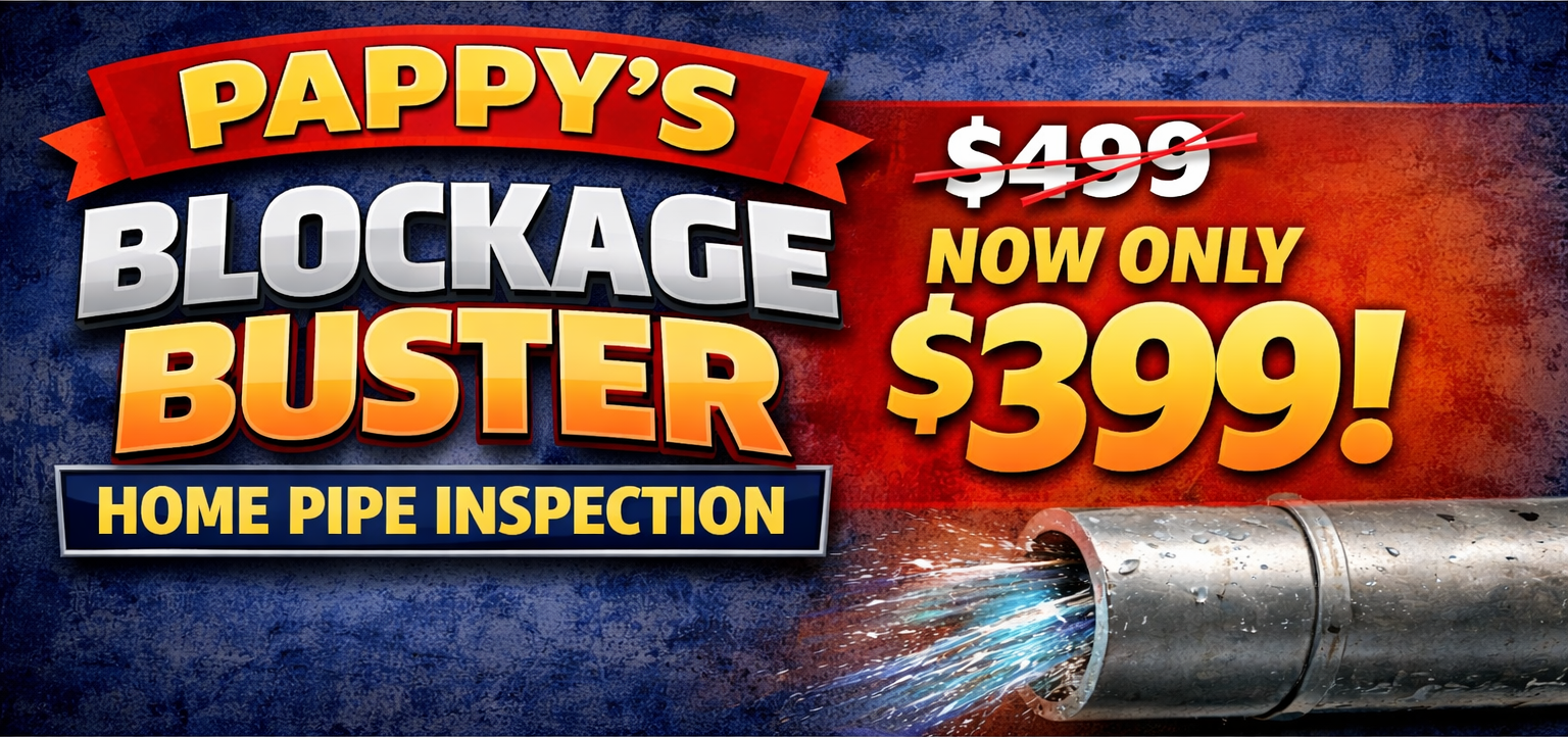 Pappy's Blockage Buster home pipe inspection ad: Before $499, now $399.