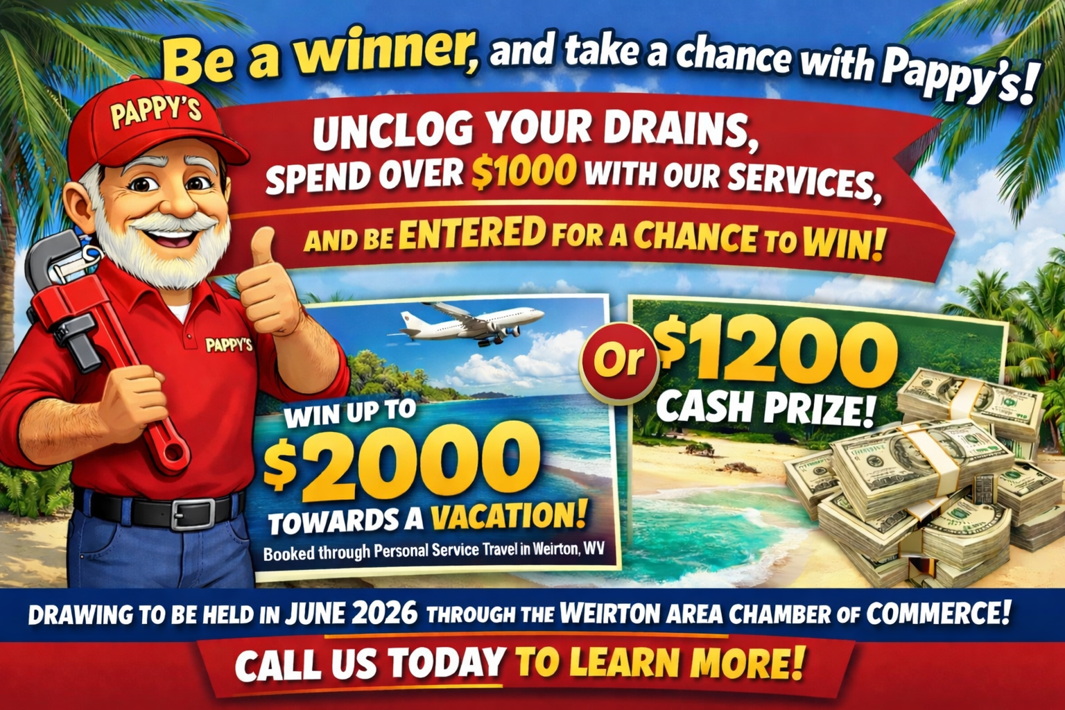 Plumber Pappy's offers a contest: spend over $1000 for a chance to win a vacation worth $2000 or a $1200 cash prize.