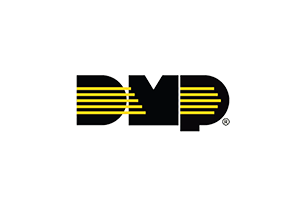 DMP logo in black with yellow horizontal stripes on a white background