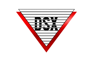 Red inverted triangle logo with black “DSX” letters and horizontal gray stripes