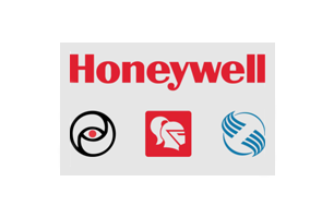 Honeywell logo in red with three small circular and square brand icons below it