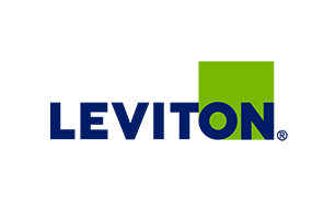 Leviton logo in blue text with a green square behind the “O”