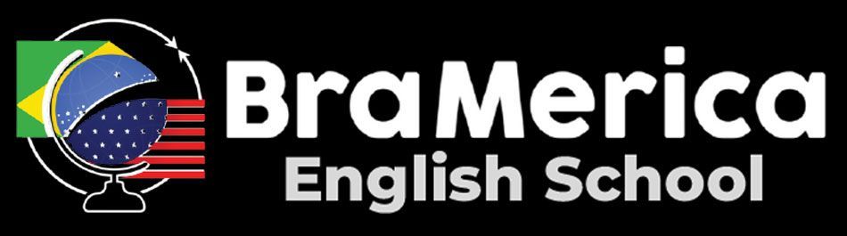 Logo of BraMerica English School. Globe with Brazilian and American flags, white text.
