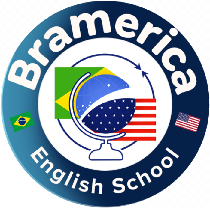Logo of BraMerica English School. Globe with Brazilian and American flags, white text.