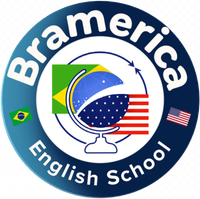 Logo of BraMerica English School. Globe with Brazilian and American flags, white text.