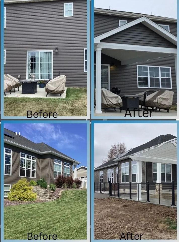 Before-and-after patio cover and house exterior renovation comparison, showing updated white trim and roof accents.