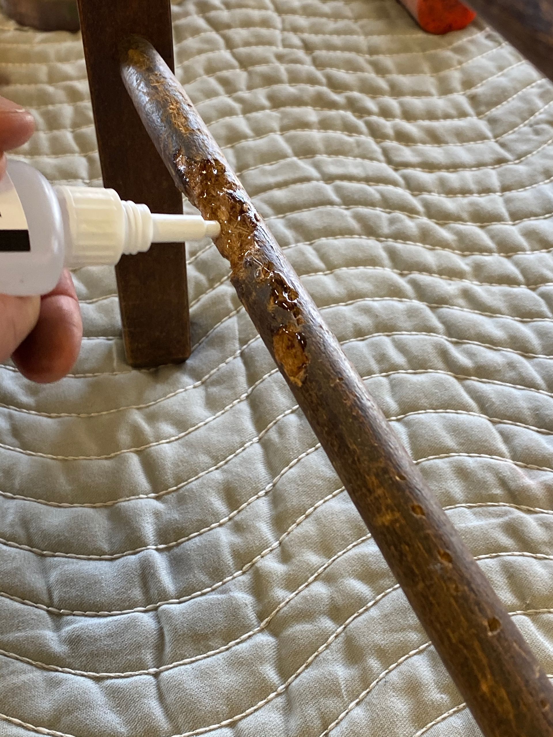 A person is applying something to a piece of wood.