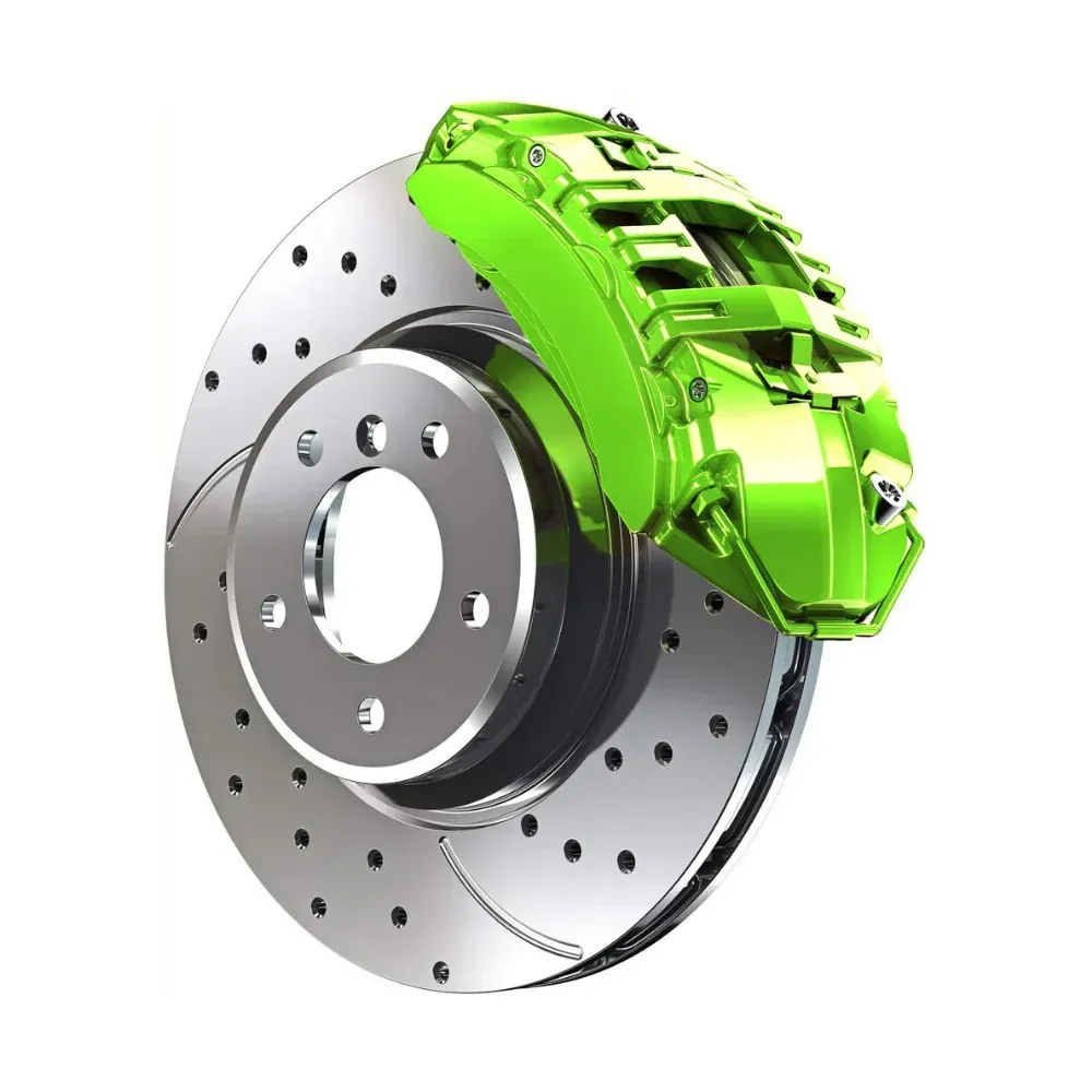 A close up of a brake disc with a green brake caliper on a white background.
