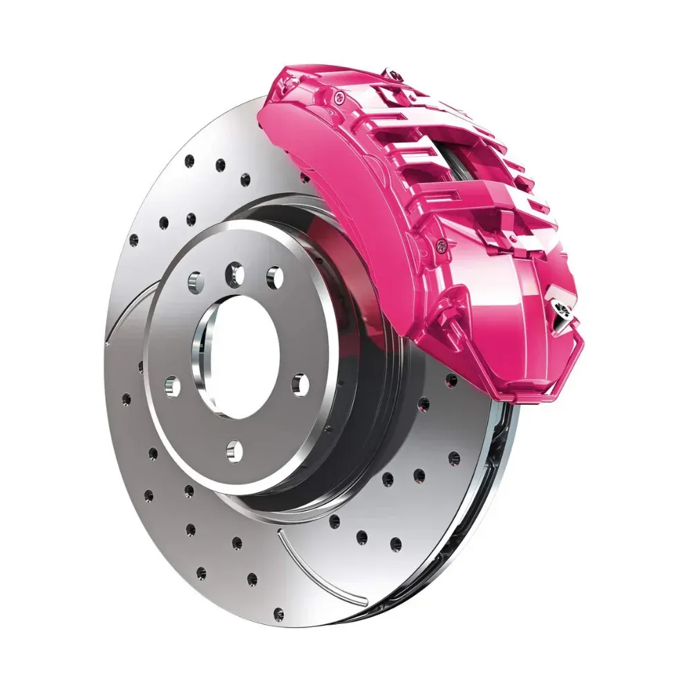 A close up of a brake disc with a pink brake caliper.