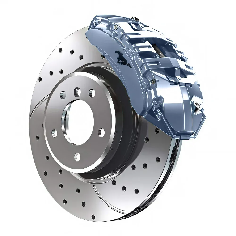 A close up of a brake disc with a blue brake caliper.