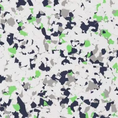 Speckled flooring pattern with white, green, gray, and dark blue chips.