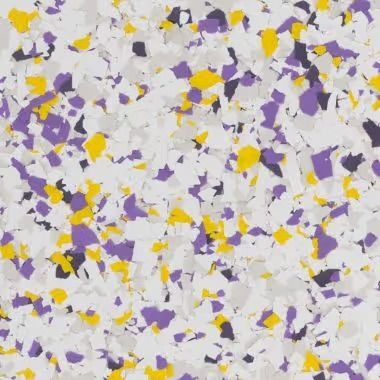 Epoxy floor with white, yellow, purple, and black chips.