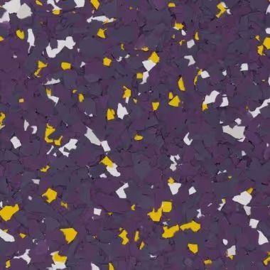 Purple, yellow, and white speckled floor covering.